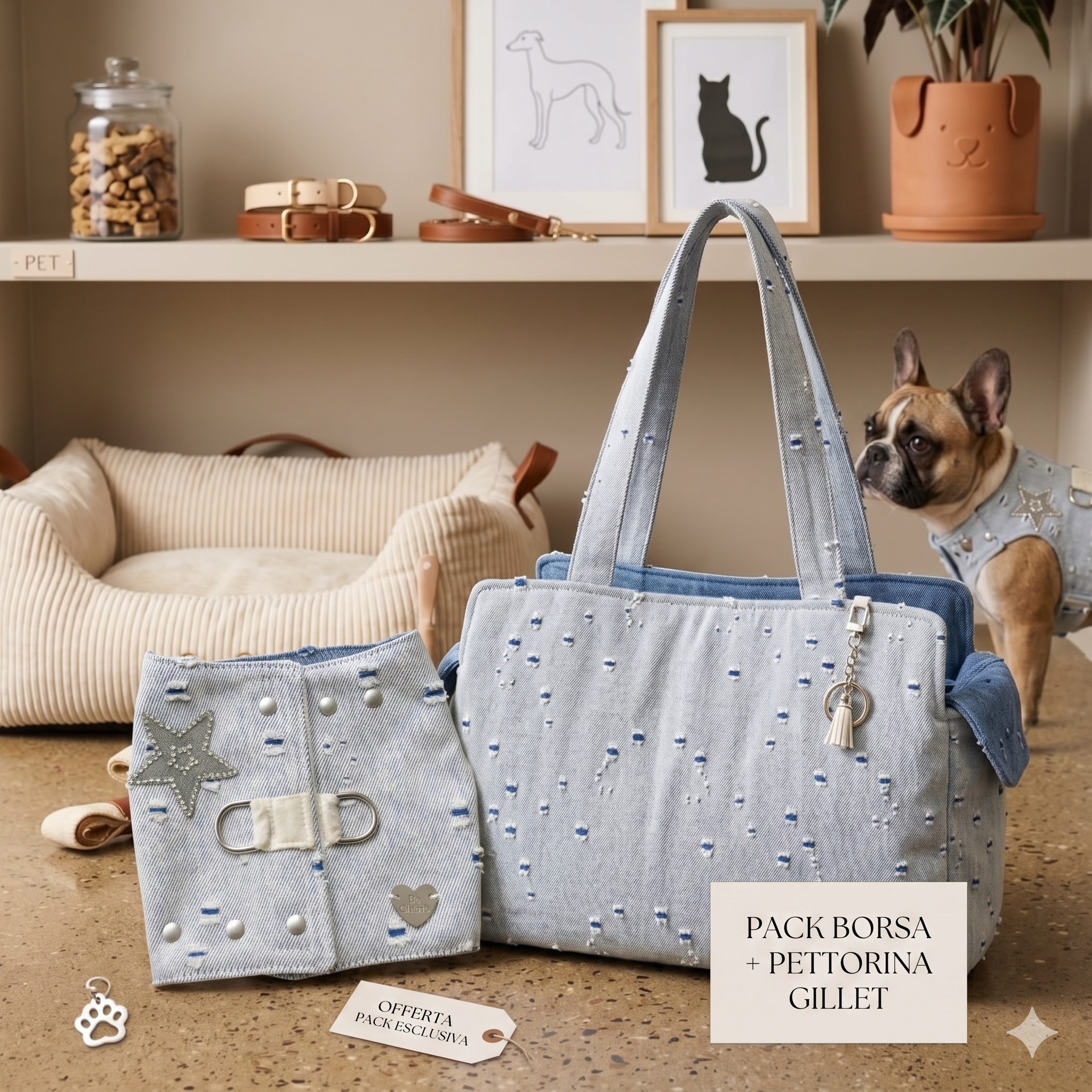 Pack Promo Denim Blue: Borsa per cani Tote + Pettorina Gilet Rock Glitter